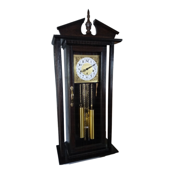 amish wooden wall clock with columns and windup movement