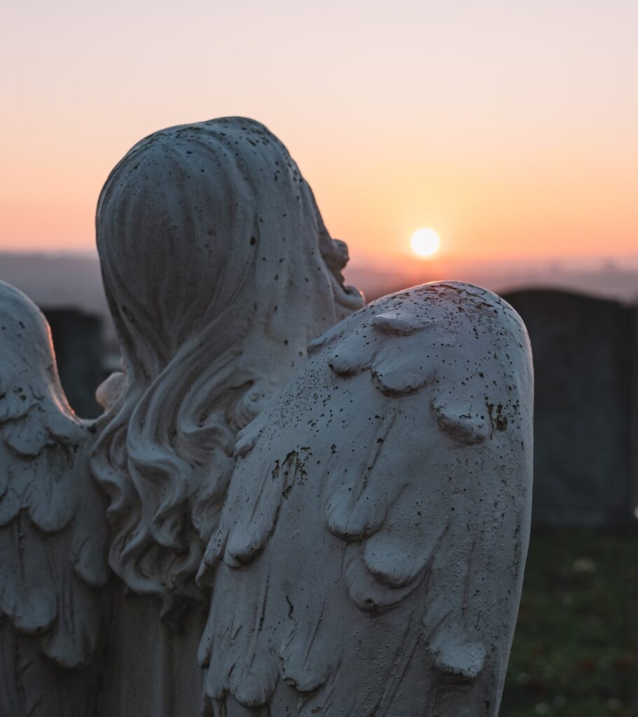 a view from behind: an angel statue gazing off into the horizon